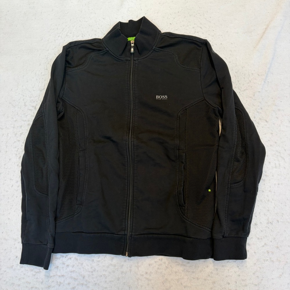 Hugo Boss Track Jacket Mens L Black Full Zip Mesh Panel Modern Fit Cotton